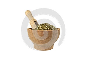 passion flower herb in latin - passiflora incarnata in wooden bowl and scoop isolated on white background. Medicinal herb