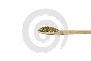 passion flower herb in latin - passiflora incarnata on wooden spoon isolated on white background.