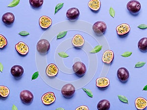 Passion fruit background. Set of passion fruits. Top view