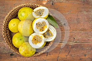 Passion fruit in bamboo basket. Tropical fruit. Sour taste, higt