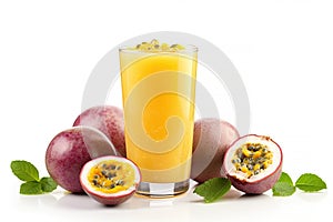 Passion fruit Fresh beverage juice or cocktail in glass isolated on white background, Healthy natural product for freshness,