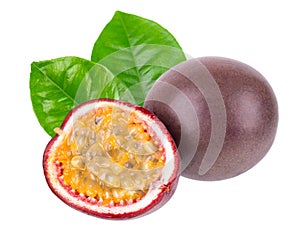 Passion fruit with green leaves, isolated on white background. Passionfruit or maracuya, exotic fruit. Clipping path.