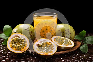 passion fruit is a healthy snack mixed with passionfruit juice, in the style of bentwood, nature\'s wonder