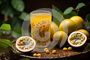 passion fruit is a healthy snack mixed with passionfruit juice, in the style of bentwood, nature\'s wonder