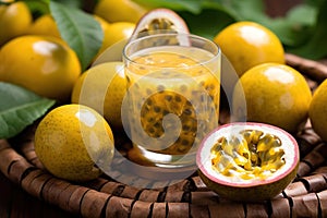passion fruit is a healthy snack mixed with passionfruit juice, in the style of bentwood, nature\'s wonder