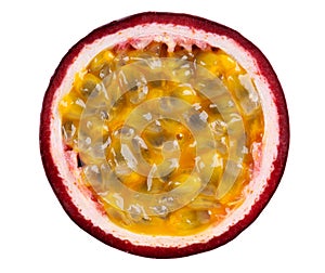 Passion fruit isolated on white background. Slice of passionfruit or maracuya, exotic fruit. Clipping path. Top view.