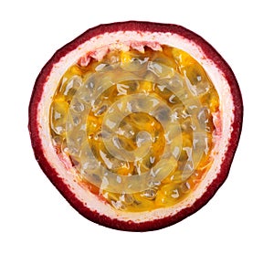 Passion fruit isolated on white background. Slice of passionfruit or maracuya, exotic fruit. Clipping path. Top view.