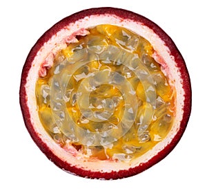 Passion fruit isolated on white background. Slice of passionfruit or maracuya, exotic fruit. Clipping path. Top view.