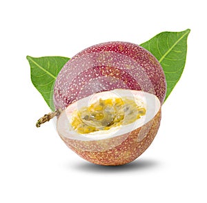 Passion fruit isolated. Whole passionfruit and a half of maracuya with leaves isolated on white background