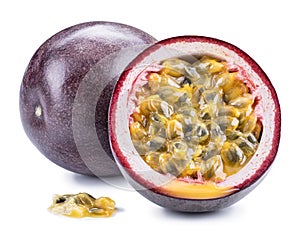 Passion fruit and its cross section with pulpy juice filled with seeds. Clipping path photo