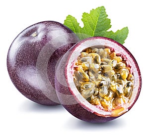 Passion fruit and its cross section with pulpy juice filled with seeds. Clipping path photo