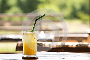 Passion fruit juice with ice in cafe restaurant photo