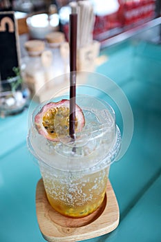 Passion fruit juice with soda on the table