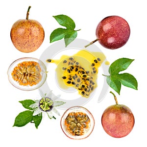 Passion fruit with leaf on white background. top view