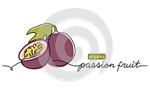 Passion fruit, maracuya simple color vector illustration. One line art drawing with lettering organic passion fruit