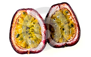 Passion fruit Passiflora edulis. The fruit is cut in two halves