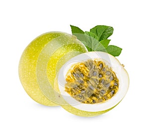 Passion fruit; Passiflora edulis with leaves isolated on white background