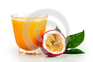 Passion fruit and passion fruit juice In a glass White isolated background photo