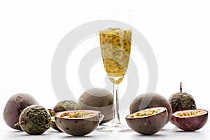 Passion Fruit Pulp In A Glass Amidst Ripe Fruits