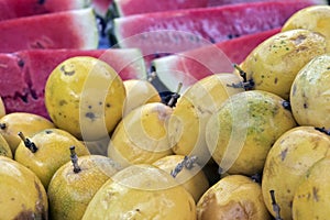 Passion fruit for sale in Brazilian open-air market stall
