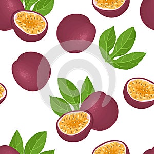 Passion fruit seamless pattern on white background. Fresh tropical fruit whole, half and green leaf.