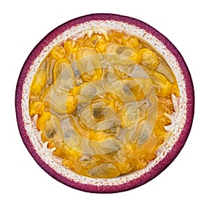 Passion fruit slice isolated on white background, top view