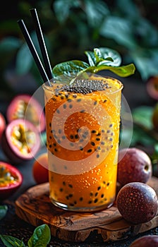 Passion fruit smoothie or juice in glass with fresh passion fruit and straws on wooden board