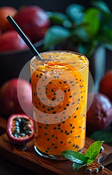 Passion fruit smoothie or juice in glass with straw and fresh passion fruit on wooden board