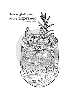 Passion fruit soda with Espresso, hand draw sketch vector