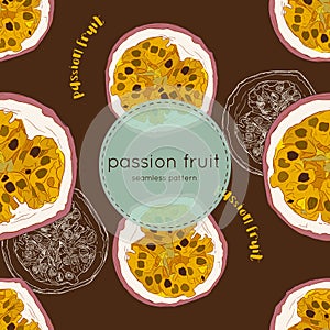 Passion fruit vector illustration, hand draw seamless pattern.
