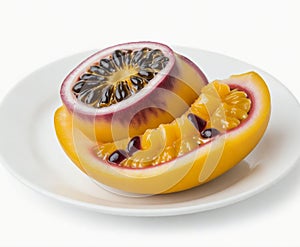 Passion fruit in white plate, cut out on white background