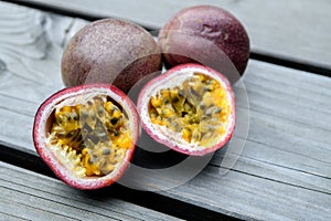 Passion fruit on wooden ground