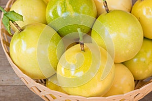 Passion fruits in basket on wooden