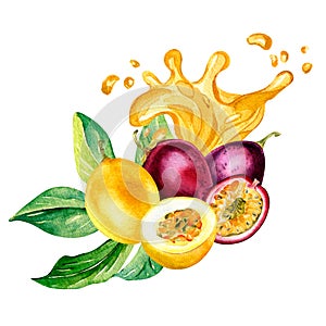 Passion fruits and flower on juice splash watercolor illustration isolated on white.