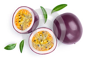 Passion fruits and half isolated on white background. maracuya with clipping path. Top view. Flat lay