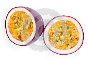 Passion fruits half isolated on white background. maracuya with clipping path. Top view. Flat lay