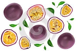 Passion fruits and a half with leaves isolated on white background. Isolated maracuya. Top view. Flat lay