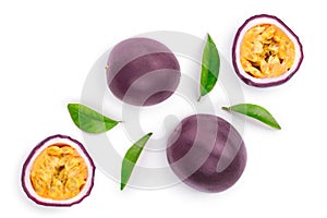 Passion fruits and a half with leaves isolated on white background. Isolated maracuya. Top view. Flat lay