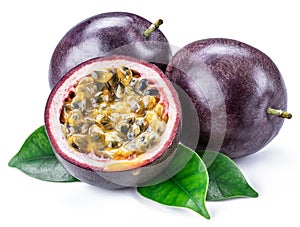 Passion fruits and its cross section with pulpy juice filled with seeds. White background photo