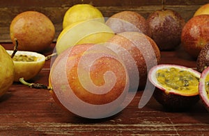 Passion fruits on wooden