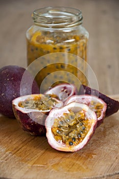 Passion fruits on wooden background
