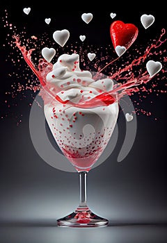 Passion ice cream dessert with hearts and juice explosion above for Valentine's Day