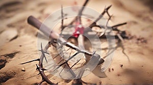 Passion Of Jesus Christ - Hammer And Bloody Nails And Crown Of Thorns On Arid Ground With Defocused Background.