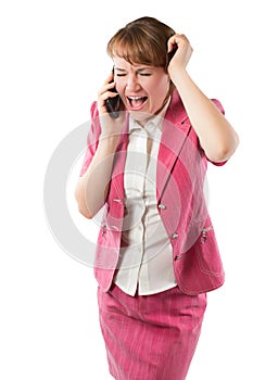 Passionate aggressive business woman talking and cry on mobile phone