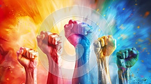 Passionate multicolor hand gestures symbolize determined union solidarity, AI Generated