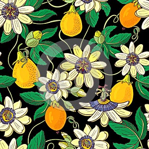 Passionflower passiflora,passion fruit on a black background.Floral seamless