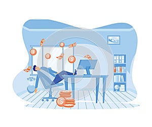 Passive income concept, Businessman cartoon character man relaxing in chair while coins fly out of computer.