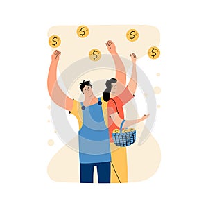 Passive income concept. Family budget. A man and a woman collect gold coins. Savings on capital. Vector illustration in flat style
