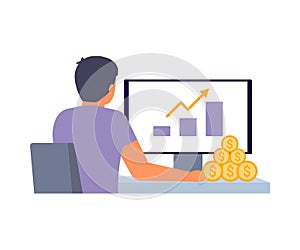 Passive income on growth profit, internet salary, getting money on computer. Back man and screen computer with graph