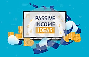 Passive income ideas - Computer surrounded with money and idea bulbs.